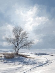 bare tree in a snowy landscape