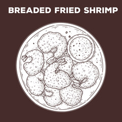 Breaded fried shrimp sketch. Hand drawn vector illustration. Gastropub, gastrobar, pub food. Detailed design element. Top view.