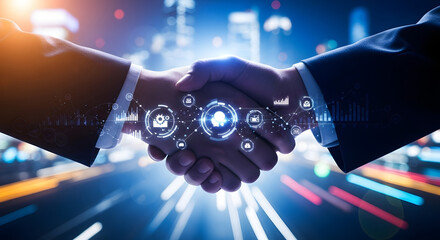 Business partners shaking hands with glowing technology icons symbolizing digital connection