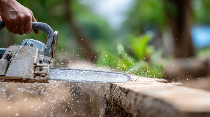 A skilled worker uses a chainsaw to efficiently cut a log into sections while wearing safety gear on a busy forestry site