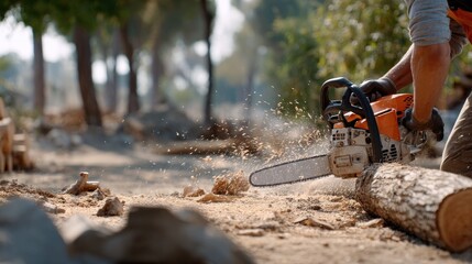 Naklejka premium A skilled worker uses a chainsaw to efficiently cut a log into sections while wearing safety gear on a busy forestry site