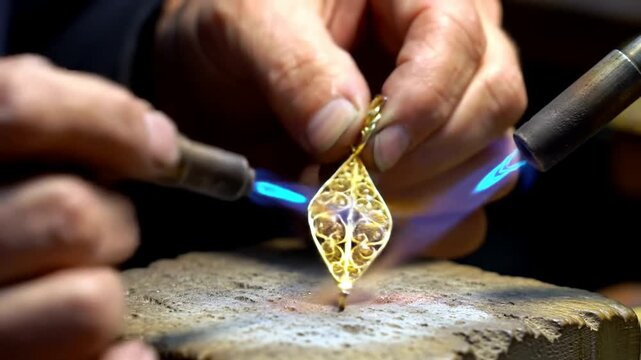 Close-up of a goldsmith working on a gold pendant with a torch.