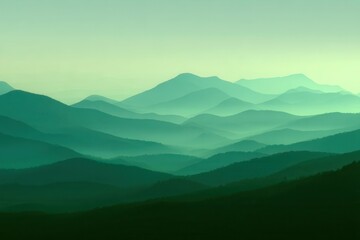 Serene green landscape with layered mountains and soft hues creating a tranquil atmosphere in a nature-inspired wallpaper background