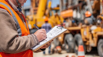 Worker focused on a hazard identification diagram medium shot details clear while tools and site equipment behind remain out of focus.