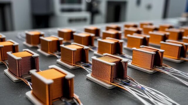 Panel of completed copper coil sets arranged neatly after winding ready for integration into hyperloop linear motor drive systems.