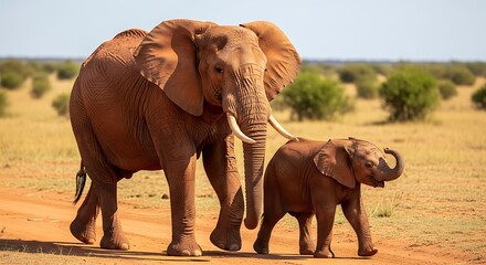 African elephant walks across the dusty terrain alongside her calf under a bright sunny sky