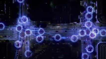 City streets at night, overlaid with glowing circles and lines, suggesting vehicle and location tracking - Powered by Adobe