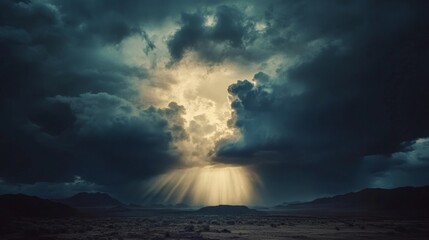 Naklejka premium large clouds, over a mountain, storm and sunlight filtering over it generative ai