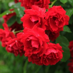 Red roses with dew drops