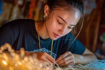 A focused artisan meticulously creating handmade jewelry in a serene workshop, showcasing craftsmanship and creativity.