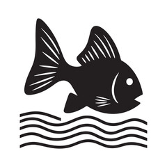 A silhouette of a fish swimming with its fins extended, designed in bold black lines. 