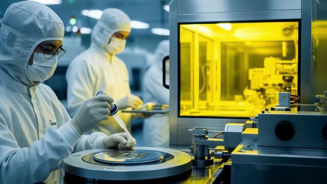 Semiconductor fab workers wearing face masks and gloves carefully prepare photoresist application prior to photolithography exposure.