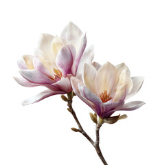 Fototapeta premium Two delicate magnolia blossoms, pale pink and creamy white, with subtle variations in hue. Soft light highlights the petals. A slender branch supports the flowers