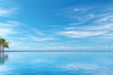 Obraz premium Relaxing panorama of a clear blue sky reflecting on the tranquil surface of a summer vacation pool in a serene tropical location
