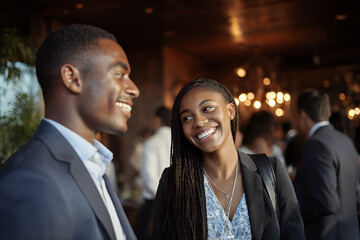 Happy young African American business professionals networking at a corporate event.