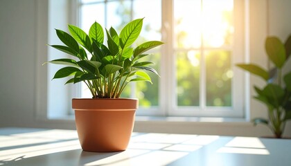 Fototapeta premium Terracotta potted plant with green leaves placed on light wooden floor, sunlight streaming through window onto white wall.