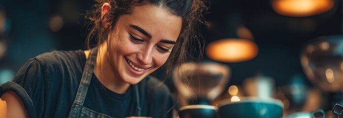 A joyful barista creates art with coffee in a cozy cafe, showcasing passion and skill in beverage crafting.