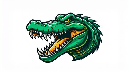 Naklejka premium Fierce Green Alligator Head Mascot with Menacing Yellow Eyes and Open Jaws