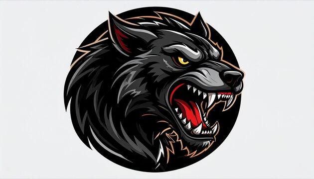 Fierce Black Wolf Head Mascot Snarling with Glowing Eyes and Bared Fangs