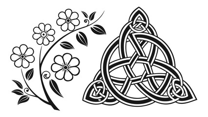 Black and white floral branch design paired with intricate celtic knotwork triangle symbol
