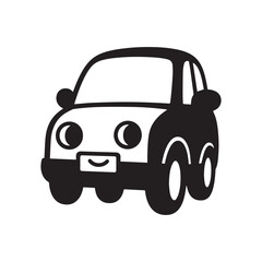  A silhouette of a small car with bold, rounded wheels and a smiling face on the front bumper. 