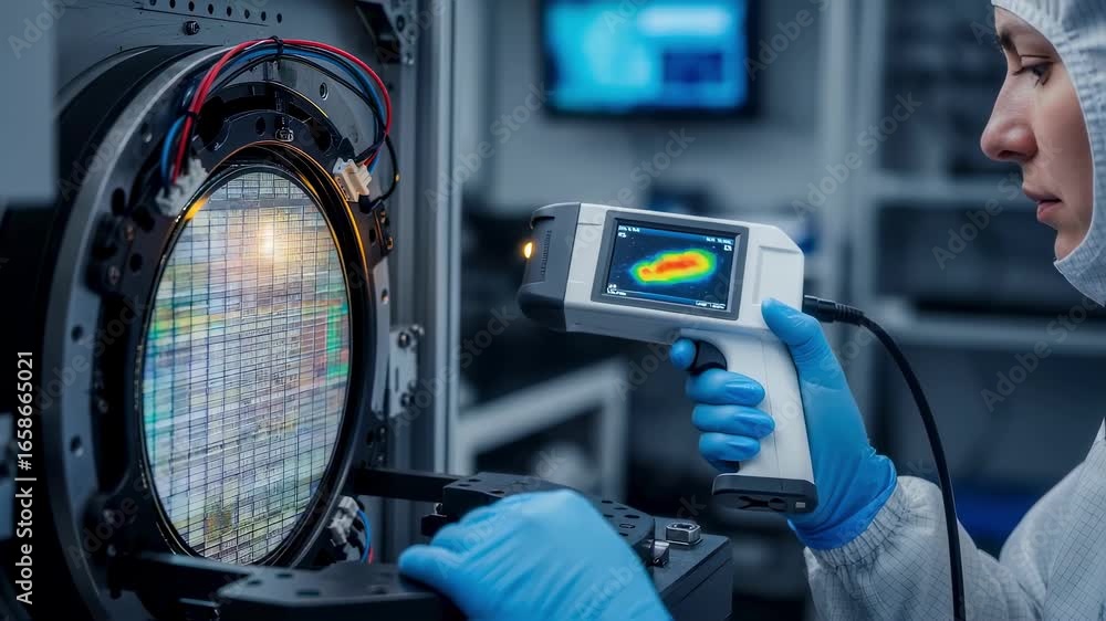 Poster technician utilizing infrared sensors to verify microled wafer layer alignment during bonding stage.