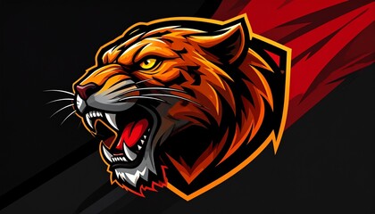 Fierce Roaring Tiger Esport Logo: Dynamic Orange and Black Mascot with Aggressive Red Streaks, Powerful Digital Art