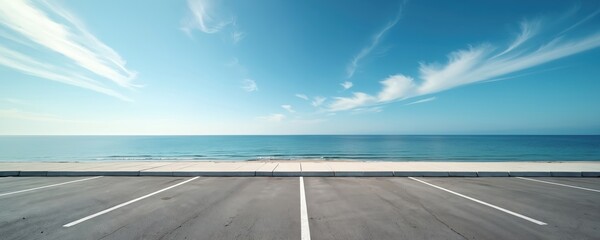 Empty beach parking lot offers serene ocean views under clear blue sky. This tranquil coastal scene provides ample outdoor space and quiet getaway, ideal for travelers seeking peaceful seaside escape.
