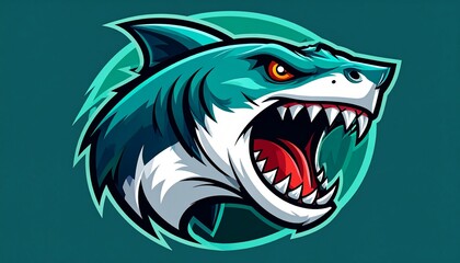 Fierce Teal Shark Mascot Roaring with Fiery Eyes, a Dynamic Sports Team Emblem.