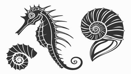 Stylized black seahorse and nautilus shell silhouettes on a white background