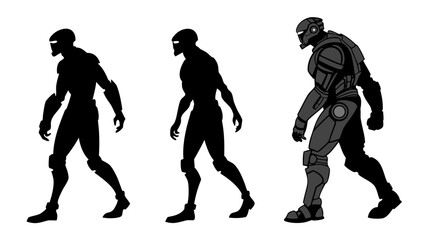 Three figures in silhouette and detailed armor showcasing different stages of robotic or cyborg evolution