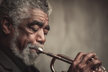 A seasoned musician passionately playing the trumpet, capturing the essence of jazz in every note.