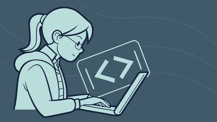 Young woman programmer wearing glasses and a hoodie coding on a laptop with code symbols on screen