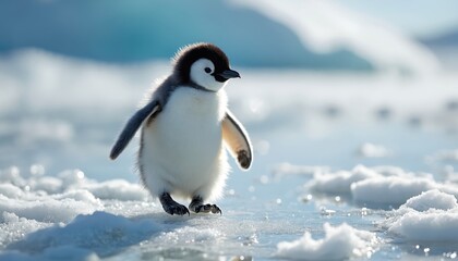 Obraz premium Fluffy penguin chick walks on ice in Antarctica. This juvenile creature exhibits cute behavior in cold environment. Its small size and soft feathers are visible in this close-up wildlife photography.