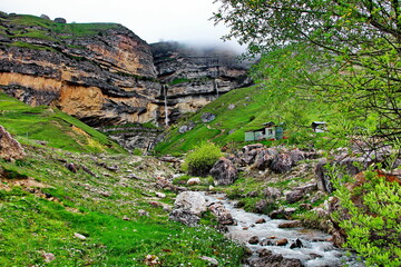 High mountain waterfall in the village of Laza, Gusar region of Azerbaijan