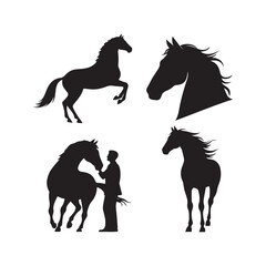 Collection of 4 silhouette vector illustrations, each featuring a majestic horse head against a pristine white background.