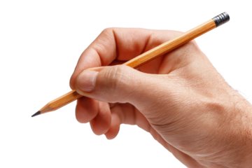 Close-up of a hand holding a light brown wooden pencil.  The pencil is angled, and the hand grasps it near the tip.  Focus is on the hand and pencil
