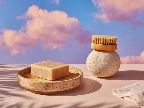 A modern, serene image featuring a wooden tray with three soap bars white, translucent yellowish, brown and a bowl of pink clay or similar substance, accompanied by a loofah and a tra - AI-Generated