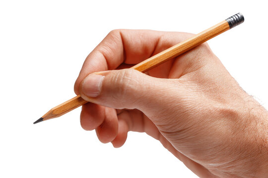 Close-up of a hand holding a light brown wooden pencil.  The pencil is angled, and the hand grasps it near the tip.  Focus is on the hand and pencil