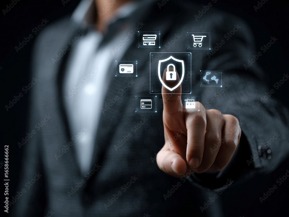 Aufkleber hand pressing a digital lock button, overlaid with tech and security symbols, indoors under artifici