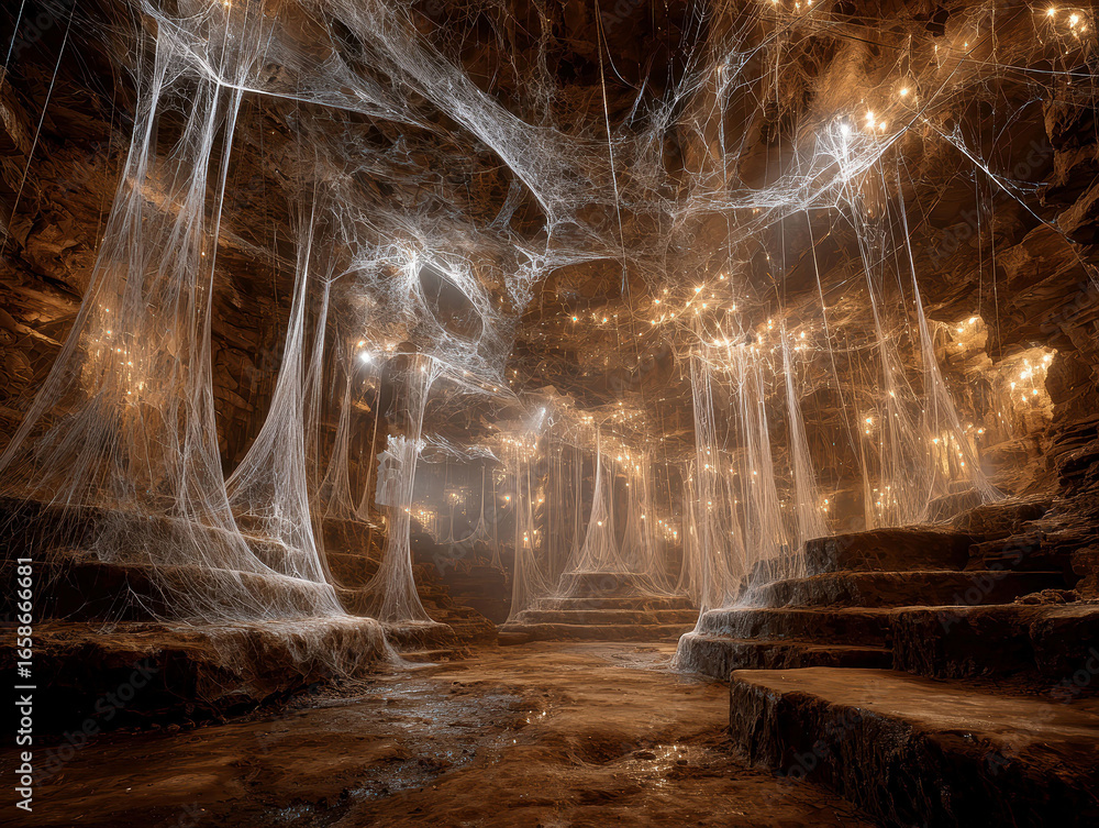 Aufkleber a densely cobwebbed, cave-like setting illuminated by golden clusters of light the space is uneven w