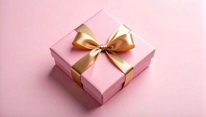 Obraz premium Pink gift box with golden ribbon bow on pink surface, showcasing elegance and celebration.