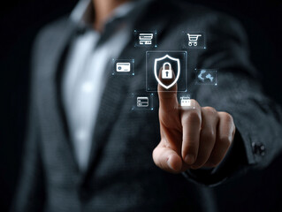 Hand pressing a digital lock button, overlaid with tech and security symbols, indoors under artificial lighting, shallow depth of field - AI-Generated