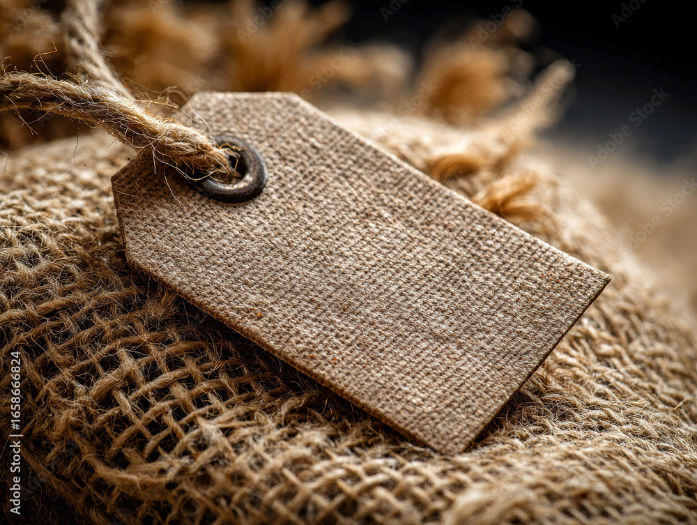Aufkleber close-up image of a filled burlap sack with metal grommet and string handle, lit with warm glow, pos