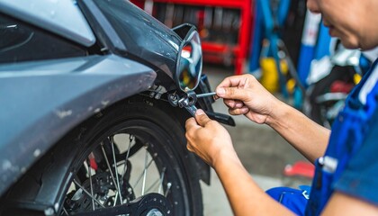 Fototapeta premium Focused Mechanic's Hands Meticulously Adjusting a Motorcycle's Chrome Mirror.