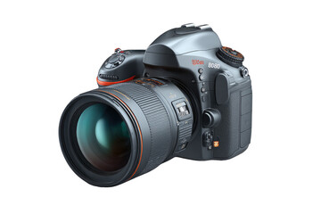 Gray digital camera with orange accents.  Large lens, several controls