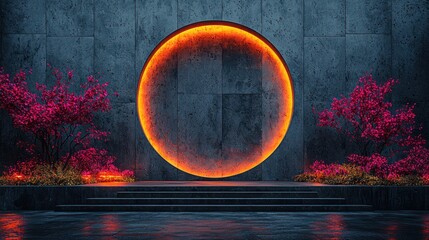 Empty futuristic stage with glowing ring and pink trees