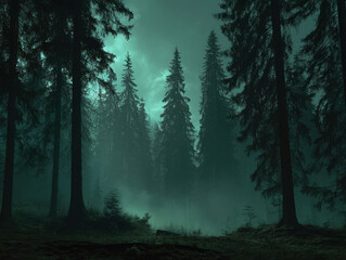 Fototapeta premium Low-angle view of a dusk forest scene, tall pine trees, silhouetted trunks and misty branches, autumn leaves yellow, brown, dark blue sky - AI-Generated