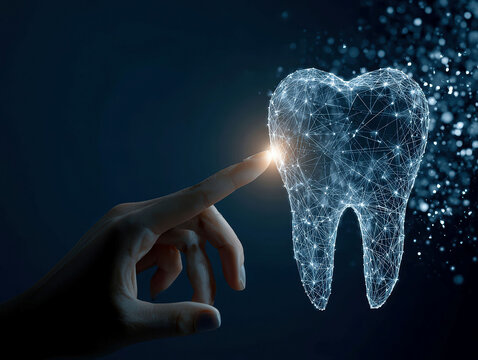 Close-up of a hand with pointed fingers touching a digital display showing an enlarged tooth image, surrounded by network dots, against a dark background Realistic style with detailed - AI-Generated - Powered by Adobe