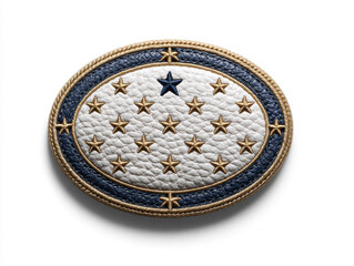Embroidered circular emblem with a central blue circle, white star and radiating smaller stars Gold wavelaurel-like border Light fabric background Intricate detail, military insigni - AI-Generated